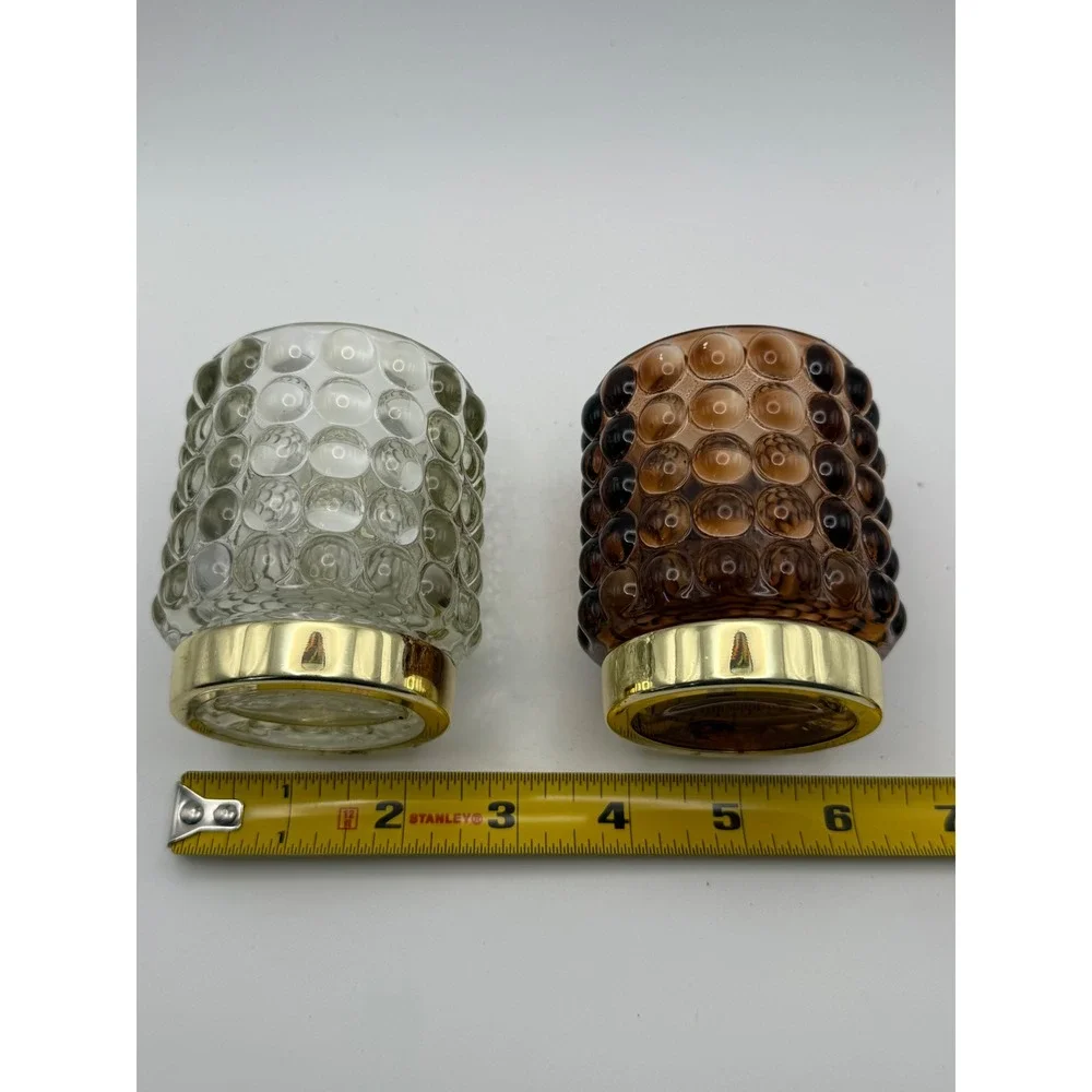 MCM Style Hobnail Glass Votive Candle Holders Amber & Clear Gold Base 2pc Set